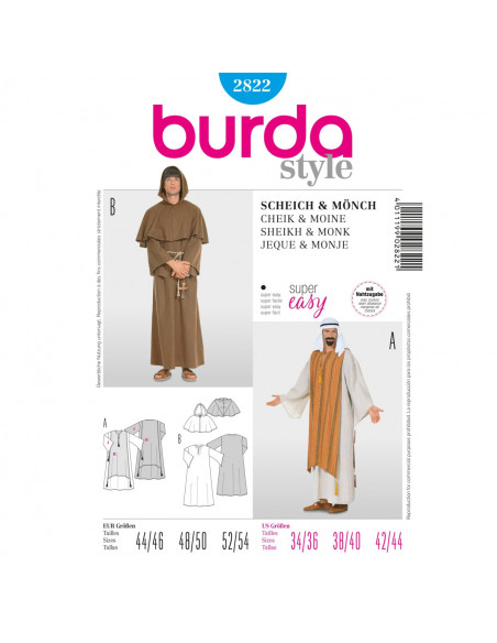 Patron Burda Carnaval 2822 - Déguisement Moine & Cheik Arabe Homme