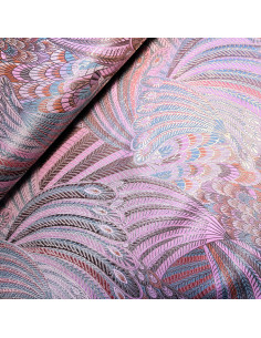 Tissu, Jacquard Plumes Lurex, Rose & Vert d'Eau, Laize 150 cm, 100% Polyester 158g/m²