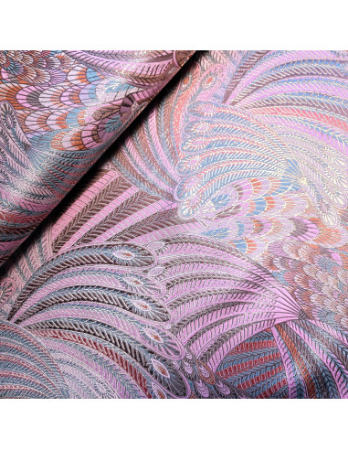 Tissu, Jacquard Plumes Lurex, Rose & Vert d'Eau, Laize 150 cm, 100% Polyester 158g/m²