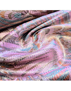 Tissu, Jacquard Plumes Lurex, Rose & Vert d'Eau, Laize 150 cm, 100% Polyester 158g/m² 2