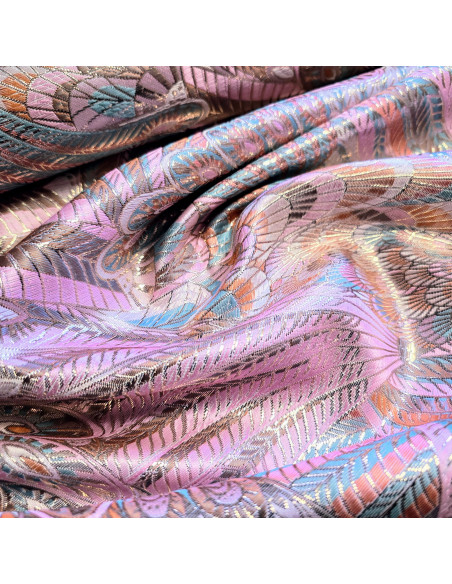 Tissu, Jacquard Plumes Lurex, Rose & Vert d'Eau, Laize 150 cm, 100% Polyester 158g/m²