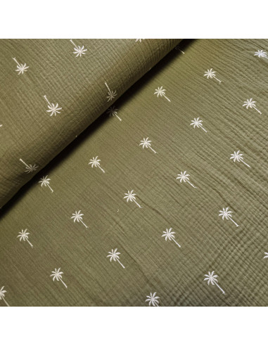 Tissu, Double Gaze Brodée Palmiers, Kaki, Laize 133 cm, 100% Coton 182g/m²