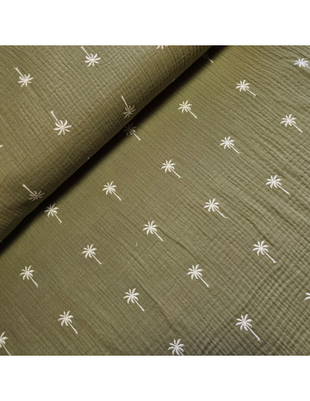 Tissu, Double Gaze Brodée Palmiers, Kaki, Laize 133 cm, 100% Coton 182g/m²