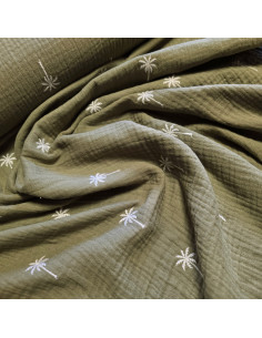 Tissu, Double Gaze Brodée Palmiers, Kaki, Laize 133 cm, 100% Coton 182g/m² 2