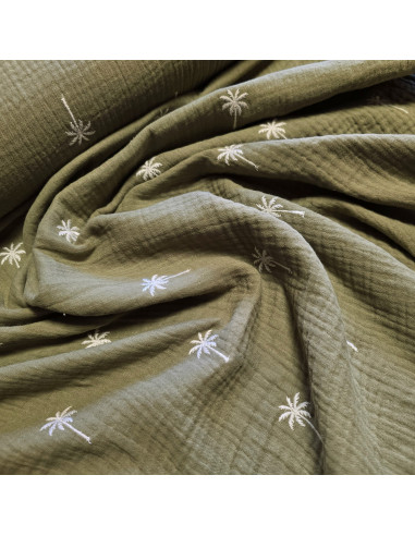 Tissu, Double Gaze Brodée Palmiers, Kaki, Laize 133 cm, 100% Coton 182g/m²