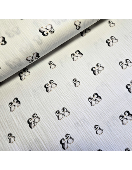 Tissu, Double Gaze Pingouins, Blanc, Laize 133 cm, 100% Coton 120g/m²
