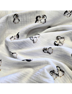 Tissu, Double Gaze Pingouins, Blanc, Laize 133 cm, 100% Coton 120g/m² 2