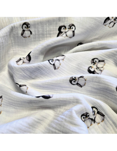 Tissu, Double Gaze Pingouins, Blanc, Laize 133 cm, 100% Coton 120g/m²