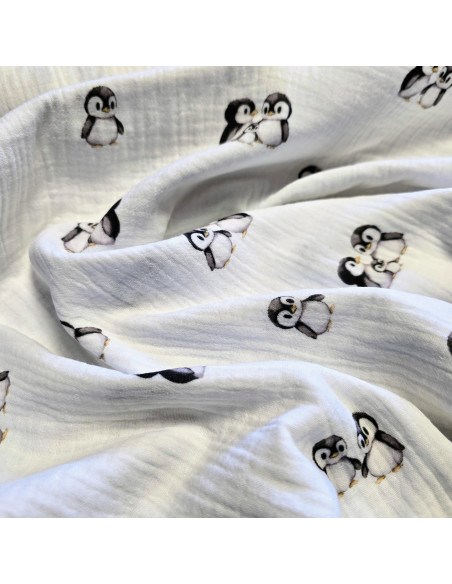 Tissu, Double Gaze Pingouins, Blanc, Laize 133 cm, 100% Coton 120g/m²