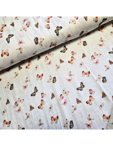 Tissu, Double Gaze, Papillons et Fleurs des Champs sur Fond Blanc, Laize 133 cm, 100% Coton 153g/ml