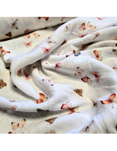 Tissu, Double Gaze, Papillons et Fleurs des Champs sur Fond Blanc, Laize 133 cm, 100% Coton 153g/ml 2