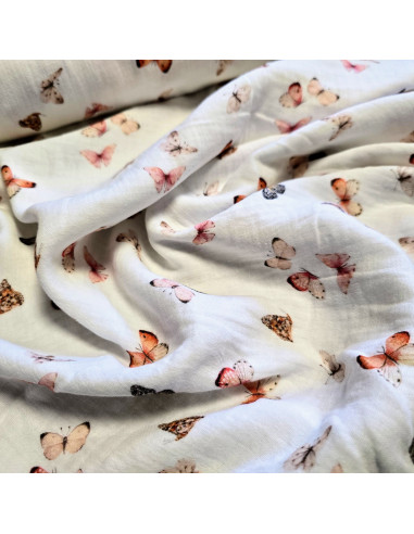 Tissu, Double Gaze, Papillons et Fleurs des Champs sur Fond Blanc, Laize 133 cm, 100% Coton 153g/ml