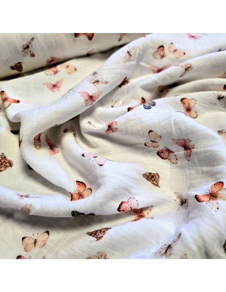 Tissu, Double Gaze, Papillons et Fleurs des Champs sur Fond Blanc, Laize 133 cm, 100% Coton 153g/ml