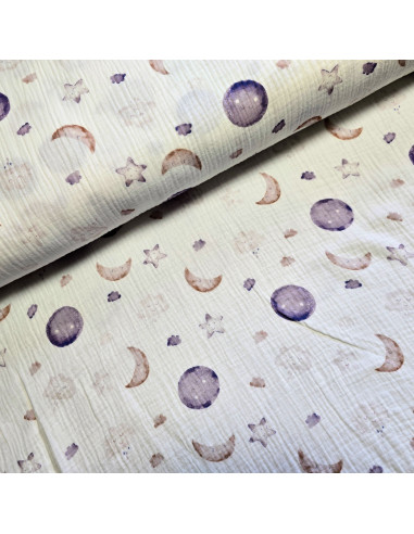 Tissu, Double Gaze Lunes et Nuages, Blanc Céleste, Laize 133 cm, 100% Coton 160g/m²