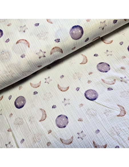 Tissu, Double Gaze Lunes et Nuages, Blanc Céleste, Laize 133 cm, 100% Coton 160g/m²