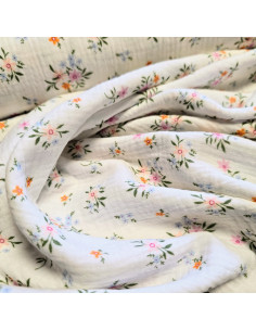 Tissu, Double Gaze Fleurs Champêtres, Blanc Fleuri Multicolore, Laize 133 cm, 100% Coton 153g/m² 2