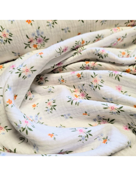 Tissu, Double Gaze Fleurs Champêtres, Blanc Fleuri Multicolore, Laize 133 cm, 100% Coton 153g/m²