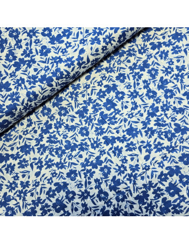 Tissu, Voile de Coton Brodé Fleurs, Bleu, Laize 135 cm, 100% Coton 101g/m²