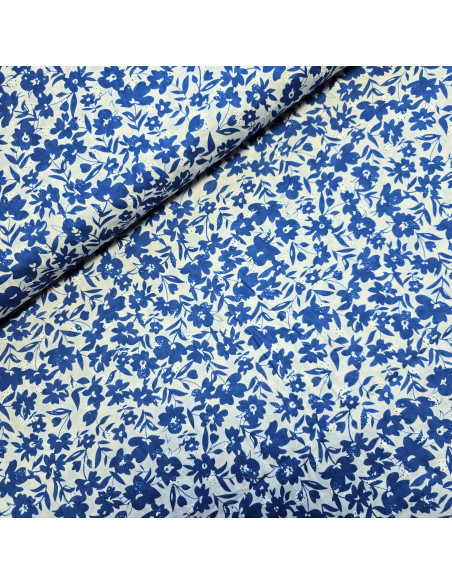 Tissu, Voile de Coton Brodé Fleurs, Bleu, Laize 135 cm, 100% Coton 101g/m²