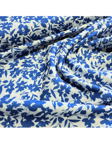 Tissu, Voile de Coton Brodé Fleurs, Bleu, Laize 135 cm, 100% Coton 101g/m²