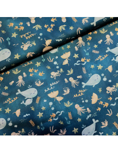 Popeline de coton, impression digitale, fonds marins