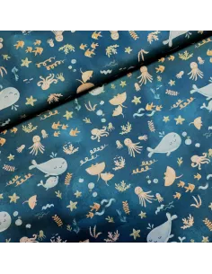 Tissu, Popeline de Coton Fonds Marins, Bleu Océan Multicolore, Laize 150 cm, 100% Coton 163g/m²