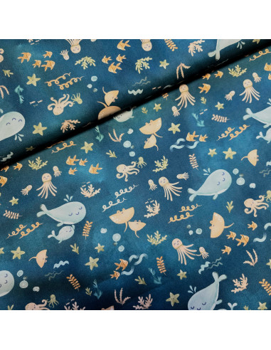 Tissu, Popeline de Coton Fonds Marins, Bleu Océan Multicolore, Laize 150 cm, 100% Coton 163g/m²