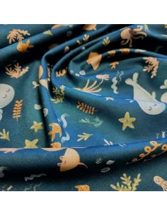 Tissu, Popeline de Coton Fonds Marins, Bleu Océan Multicolore, Laize 150 cm, 100% Coton 163g/m² 2