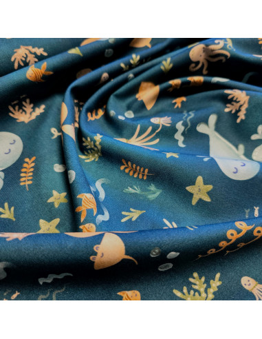Tissu, Popeline de Coton Fonds Marins, Bleu Océan Multicolore, Laize 150 cm, 100% Coton 163g/m²