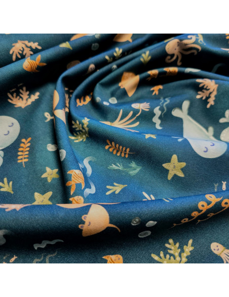 Tissu, Popeline de Coton Fonds Marins, Bleu Océan Multicolore, Laize 150 cm, 100% Coton 163g/m²