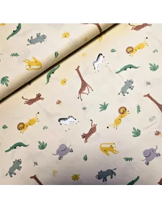 Tissu, Popeline de Coton Animaux de la Savane, Multicolore, Laize 150 cm, 100% Coton Bio 133g/m²