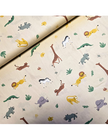 Tissu, Popeline de Coton Animaux de la Savane, Multicolore, Laize 150 cm, 100% Coton Bio 133g/m²
