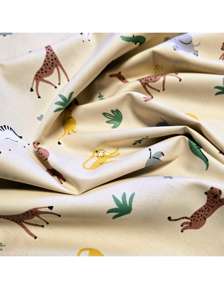 Tissu, Popeline de Coton Animaux de la Savane, Multicolore, Laize 150 cm, 100% Coton Bio 133g/m²