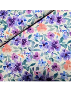 Tissu, Voile de Coton Fleuri, Violet et Orange sur Écru, Laize 135 cm, 100% Coton 95g/m²