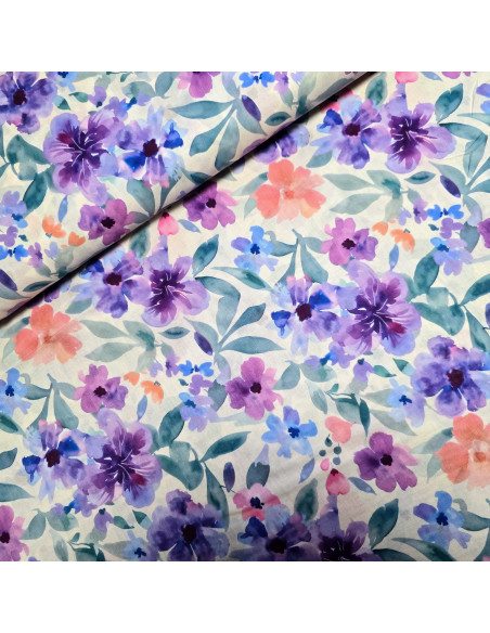 Tissu, Voile de Coton Fleuri, Violet et Orange sur Écru, Laize 135 cm, 100% Coton 95g/m²