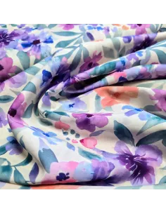 Tissu, Voile de Coton Fleuri, Violet et Orange sur Écru, Laize 135 cm, 100% Coton 95g/m² 2