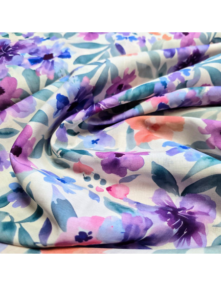 Tissu, Voile de Coton Fleuri, Violet et Orange sur Écru, Laize 135 cm, 100% Coton 95g/m²
