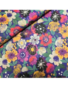 Tissu, Voile de Coton Fleuri, Violet Profond Multicolore, Laize 140 cm, 100% Coton Léger 69g/m²