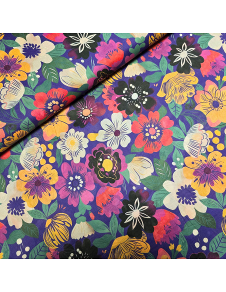 Tissu, Voile de Coton Fleuri, Violet Profond Multicolore, Laize 140 cm, 100% Coton Léger 69g/m²