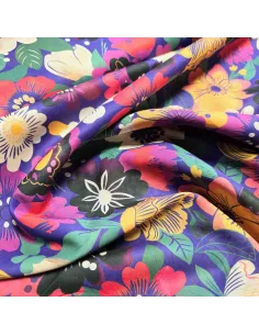 Tissu, Voile de Coton Fleuri, Violet Profond Multicolore, Laize 140 cm, 100% Coton Léger 69g/m² 2