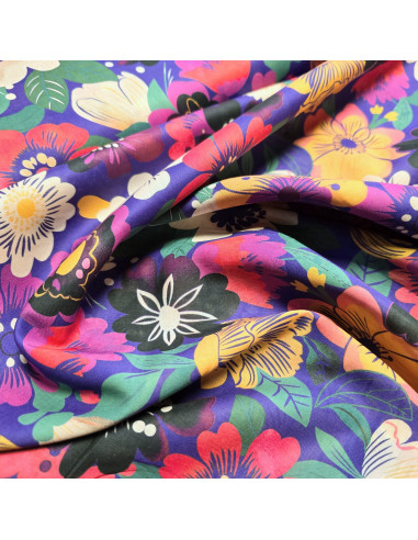 Tissu, Voile de Coton Fleuri, Violet Profond Multicolore, Laize 140 cm, 100% Coton Léger 69g/m²