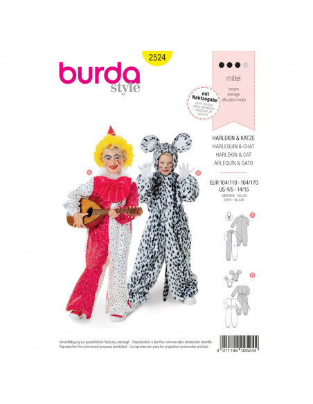 Patron Burda Carnaval 2524 - Déguisement Arlequin et Chat enfant