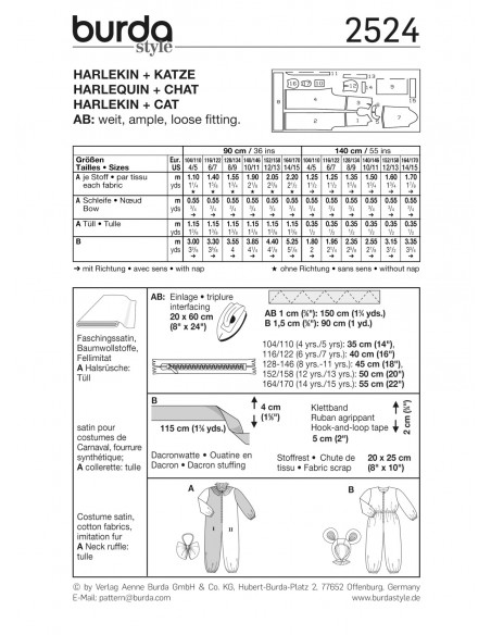 Patron Burda Carnaval 2524 - Déguisement Arlequin et Chat enfant