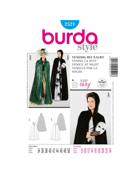 Patron Burda Carnaval 2521 - Déguisement Cape Vénitienne Femme