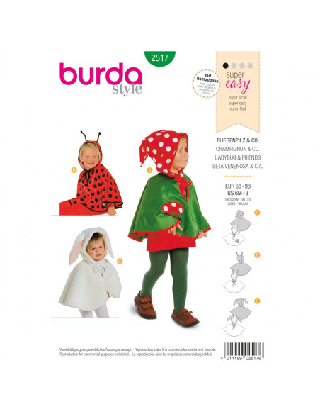 Patron Burda Carnaval 2517 - Déguisement Cape lapin, Coccinelle, Champignon bébé