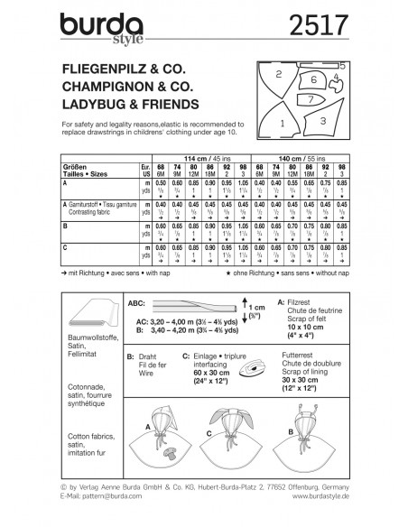 Patron Burda Carnaval 2517 - Déguisement Cape lapin, Coccinelle, Champignon bébé