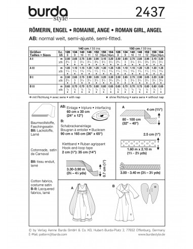Patron Burda Carnaval 2437 - Déguisement Dame romaine et  Ange enfant