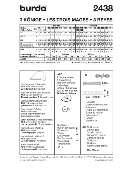 Patron Burda Carnaval 2438 - Déguisement Historique Les Rois Mages enfant