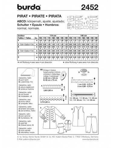 Patron Burda Carnaval 2452 - Déguisement Historique Pirate enfant