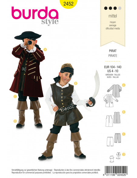 Patron Burda Carnaval 2452 - Déguisement Historique Pirate enfant